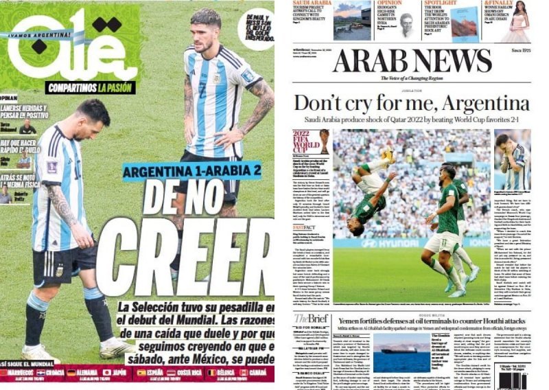 Od neopisive sreće do očaja. Ovo su naslovnice novina iz Argentine i Saudijske Arabije nakon jednog od najvećih iznenađenja u povijesti Mundijala