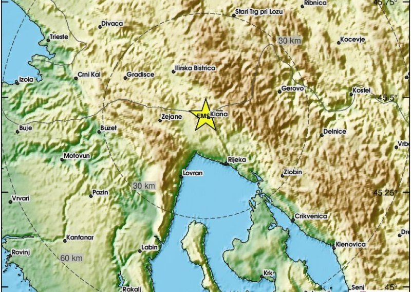 Okolicu Rijeke pogodio potres od 2,5 stupnja, treslo se i preko granice u Sloveniji