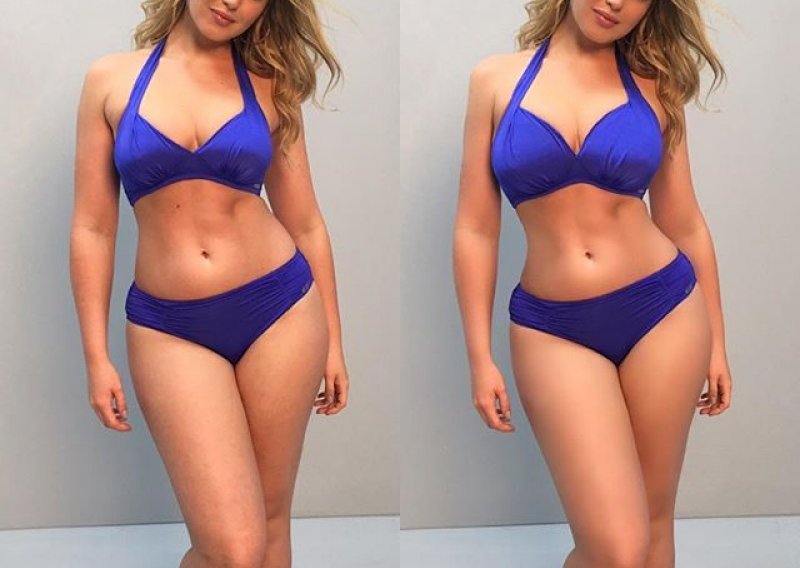 Plus size ljepotica u bikiniju prije i poslije Photoshopa