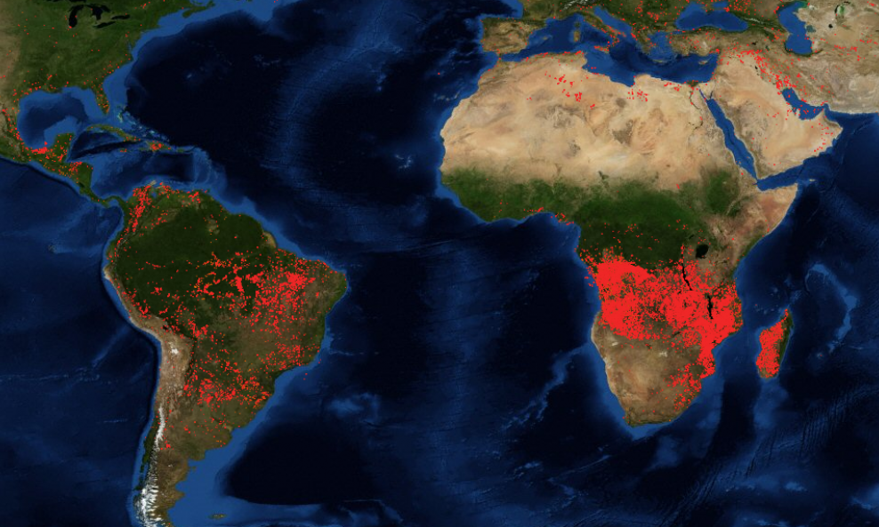 Grafikon NASA-ina Fire Information for Resource Management Systema prikazuje požare širom svijeta