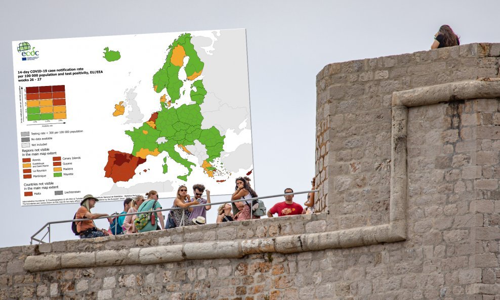 Turisti u Dubrovniku; karta ECDC-a