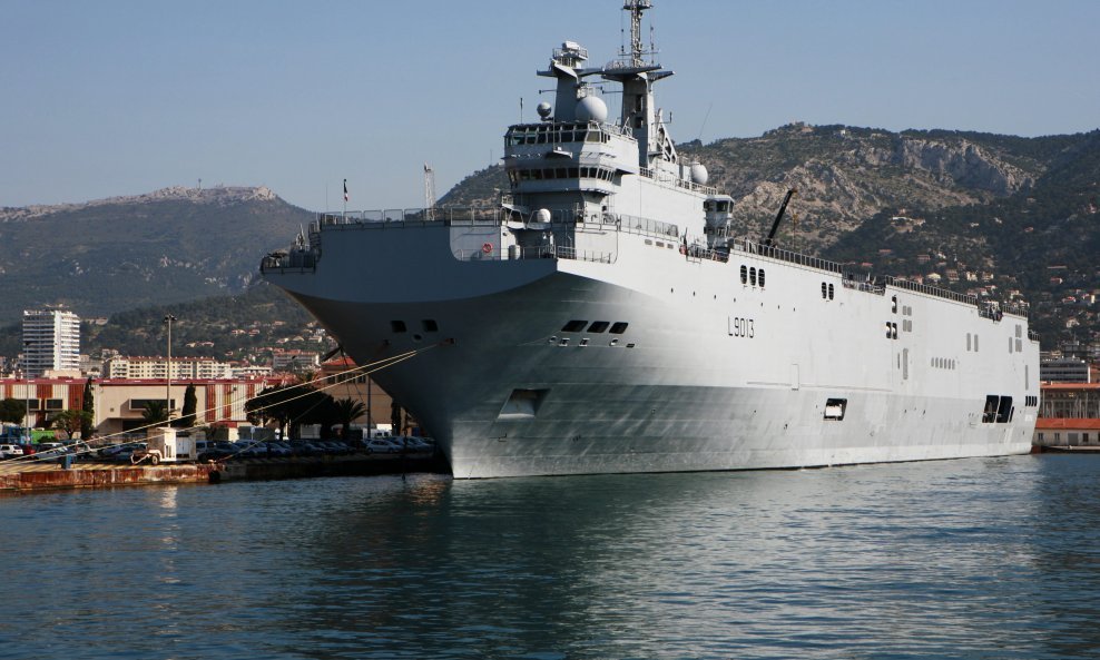 French Command and Projection Ship Mistral (L 9013). Mistral is currently moored at the entrance of Toulon harbour, where she is preparing to host President Sarkozy during the celebrations of the 8th of May 2009.