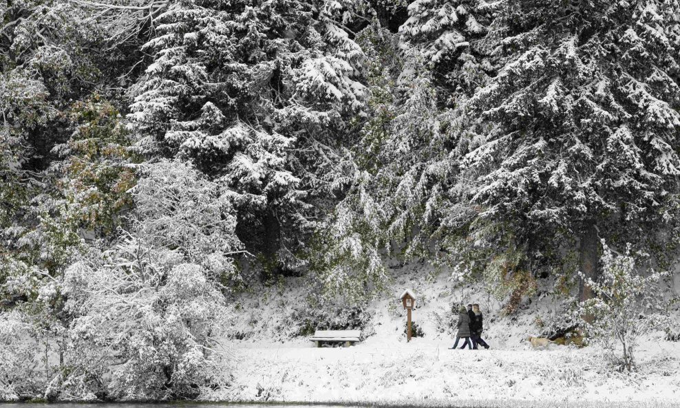 People take a walk through the snow covered winter landscape close to lake Spitzingsee October 14, 2009 during first snow fall in southern Germany.    REUTERS/Michaela Rehle (GERMANY ENVIRONMENT SOCIETY)