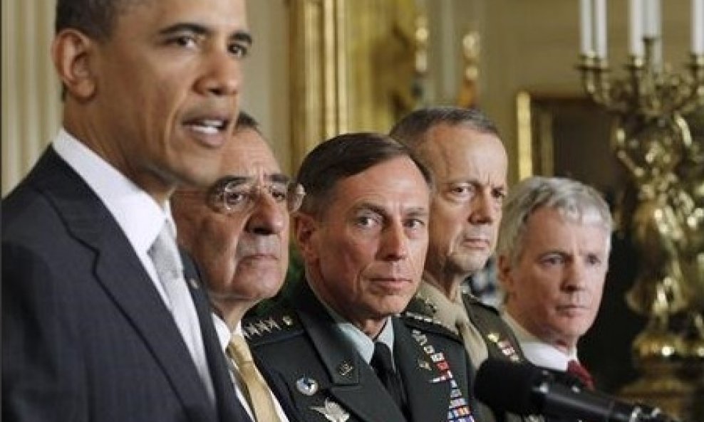 Obama and his national security team: nominated CIA Director Leon Panetta (2nd L) as Secretary of Defense and U.S. Army Gen. David Petraeus (C) to replace Panetta, April 28, 2011. Obama announced Ryan Crocker (R) as his nomination to be the new Ambassador