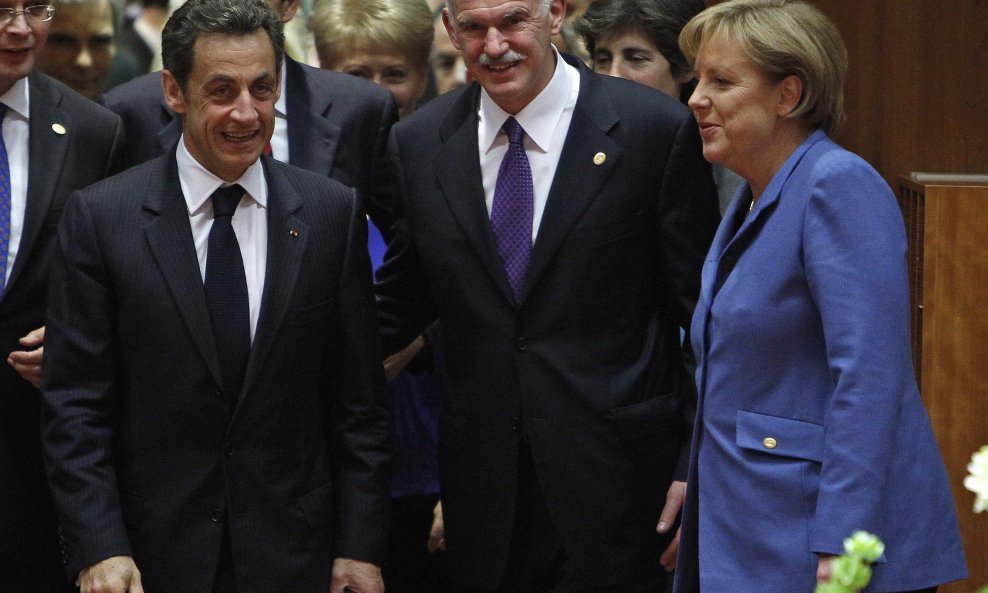 Nicolas Sarkozy, George Papandreou i Angela Merkel