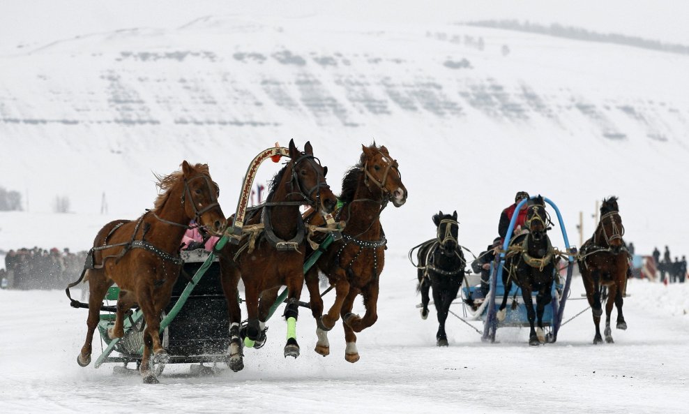 utrke konja, već 40 godina u blizini malog sela u Sibiru Novosyolovo, 250 kilometara južno od grada Krasnoyarska održavaju se utrke konja u više na zaleđenoj ruskoj rijeci Yenisey