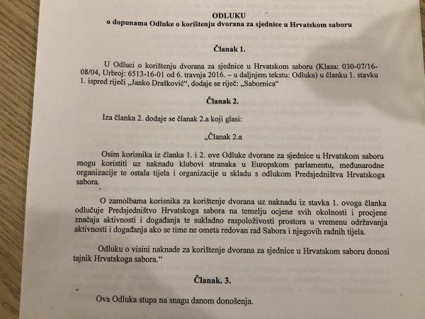 Izmjene Odluke o korištenju dvorana u Hrvatskom saboru