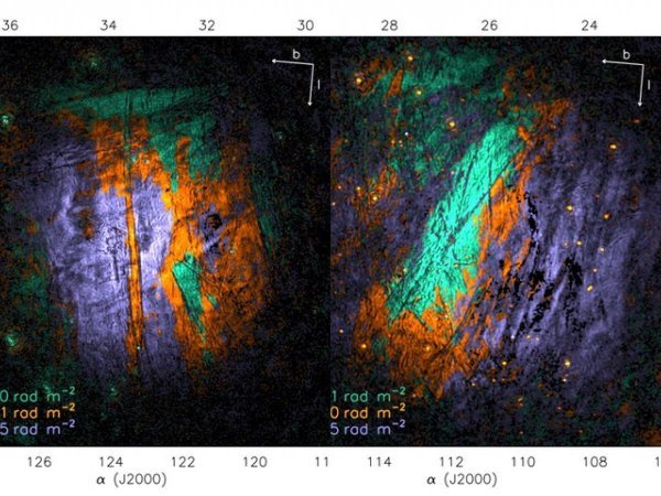 Slike prikazuju strukture polariziranog sinkrotronskog zračenja naše galaksije, detektirane na niskim radiofrekvencijama pomoću radioteleskopa LOFAR. Svaka slika obuhvaća oko 70 kvadratnih stupnjeva neba u području zviježđa Risa. Pun Mjesec na nebu zauzima oko 0,2 kvadratna stupnja