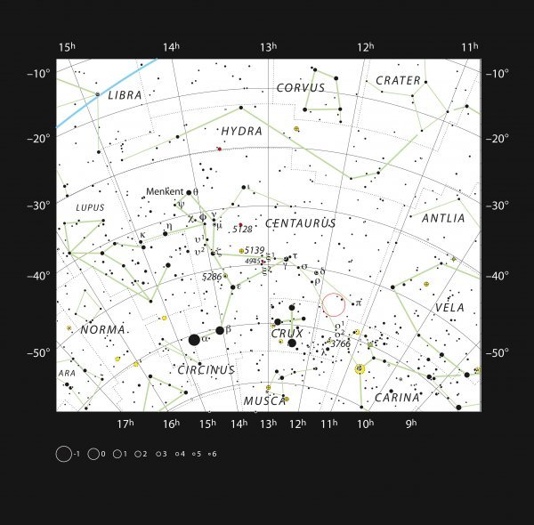 Grafikon prikazuje lokaciju HD101584, plinskog oblaka koji okružuje binarnu zvijezdu u zviježđu Centaur