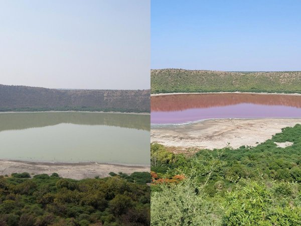 Jezero Lonar prije i poslije iznenadne promjene boje