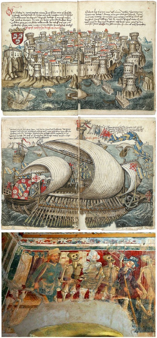 Na ilustraciji su: Dubrovnik, mletačka galija i Ples mrtvaca  