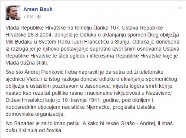 Bauk je poruku Plenkoviću poslao putem društvene mreže Facebook