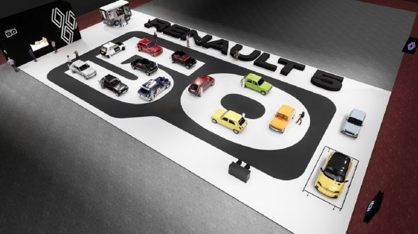 Izložbeni štand Renaulta u obliku brojke 50: automobili su bili u živim bojama koje iskaču