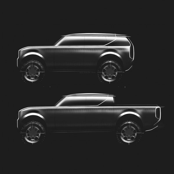 Najavne slike dva potpuno električna modela Volkswagenove nove marke Scout: SUV i pick-up, koji na tržište izlaze 2026.