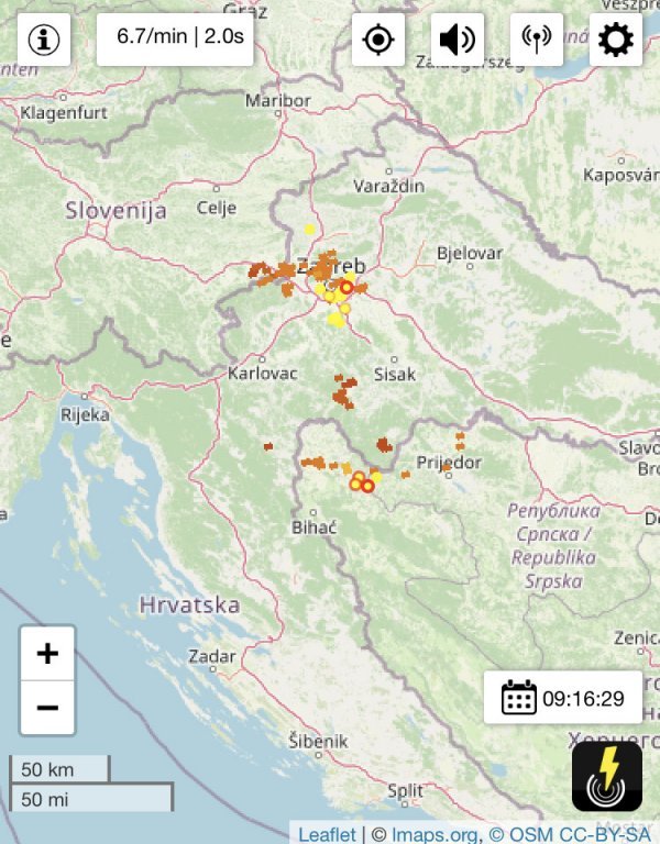 Zagreb danas s grmljavinom. Izvor: Lightning.maps