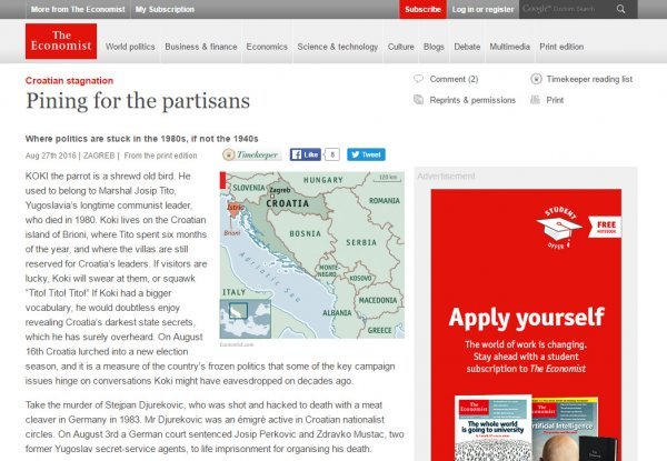The Economist o parlamentarnim izborima u Hrvatskoj tportal.hr/Tatjana Janković   Screenshot/The Economist