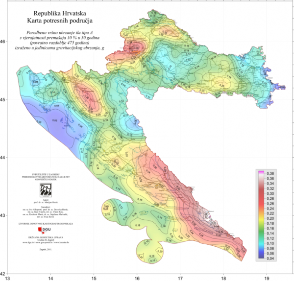 Karta potresne opasnosti za područje Hrvatske (povratno razdoblje 475 godina) na razini osnovne stijene.