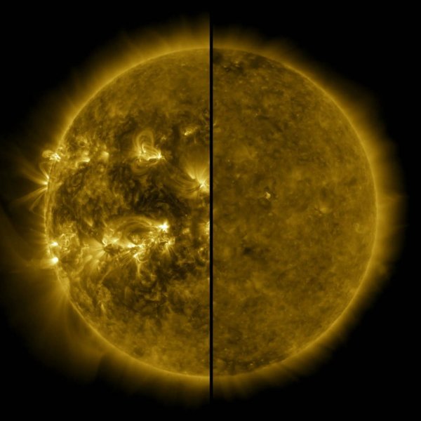 Na lijevoj strani vidimo Sunce tijekom solarnog maksimuma, a na desnoj tijekom solarnog minimuma