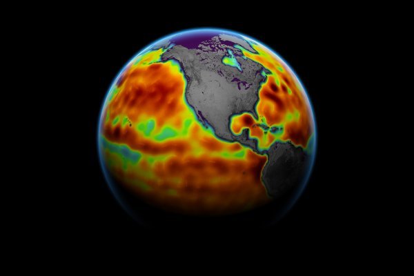 Razina mora izmjerena sa satelita Sentinel-6: crvenom bojom označeni su dijelovi oceana na kojima je razina porasla, plavom gdje je snižena