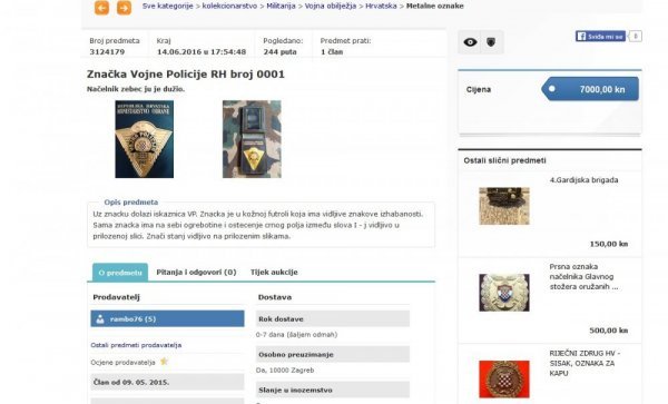 Vojnopolicijska značka Tihomira Zebeca prodavala se na internetskoj stranici aukcije.hr
