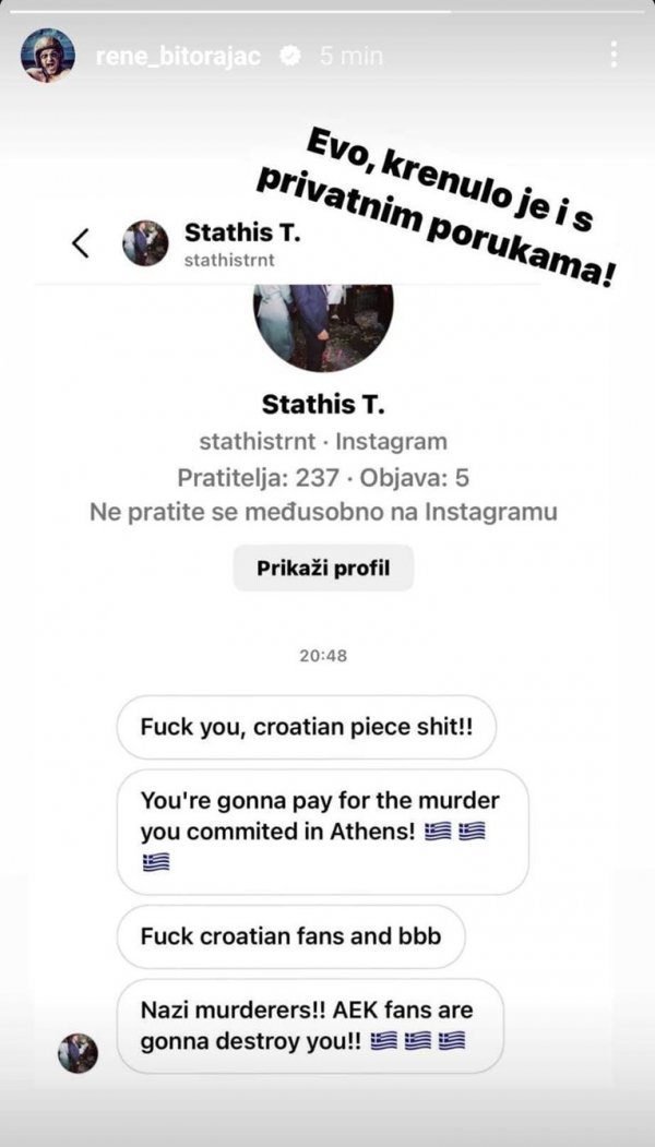 Instagram poruka koju je Bitorajac primio od bijesnog Grka