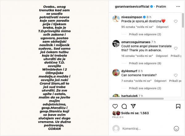 Komentar Nives Ivanišević na Goranovu objavu na Instagramu