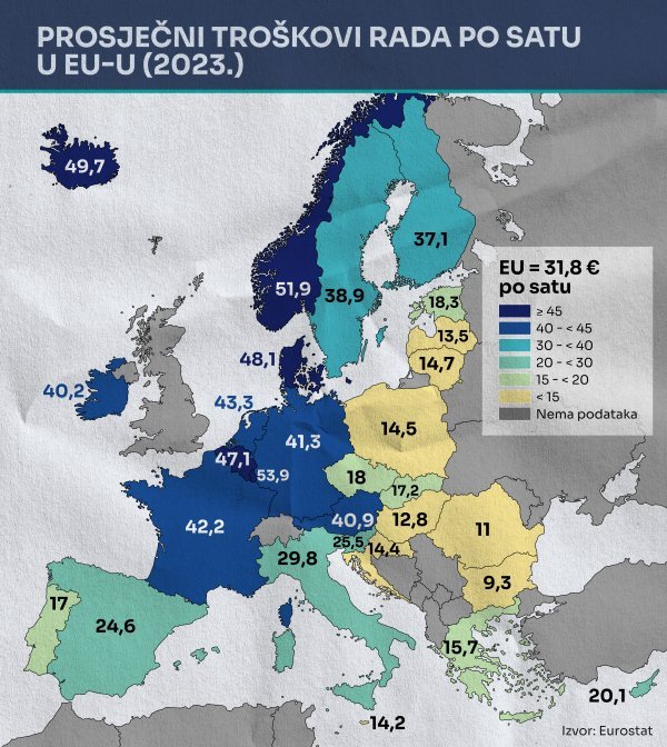 Prosječni troškovi rada po satu u EU-u (2023.)