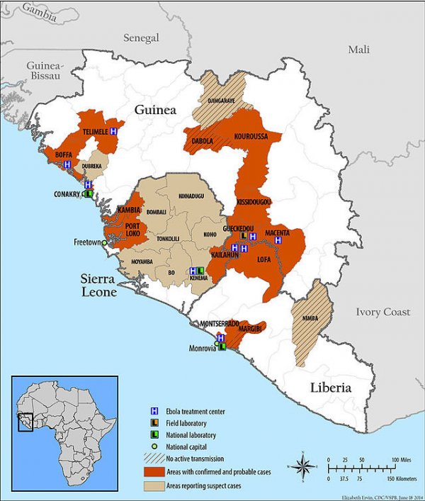Ebola - karta raširenosti do 18. lipnja 2014. Wikipedija