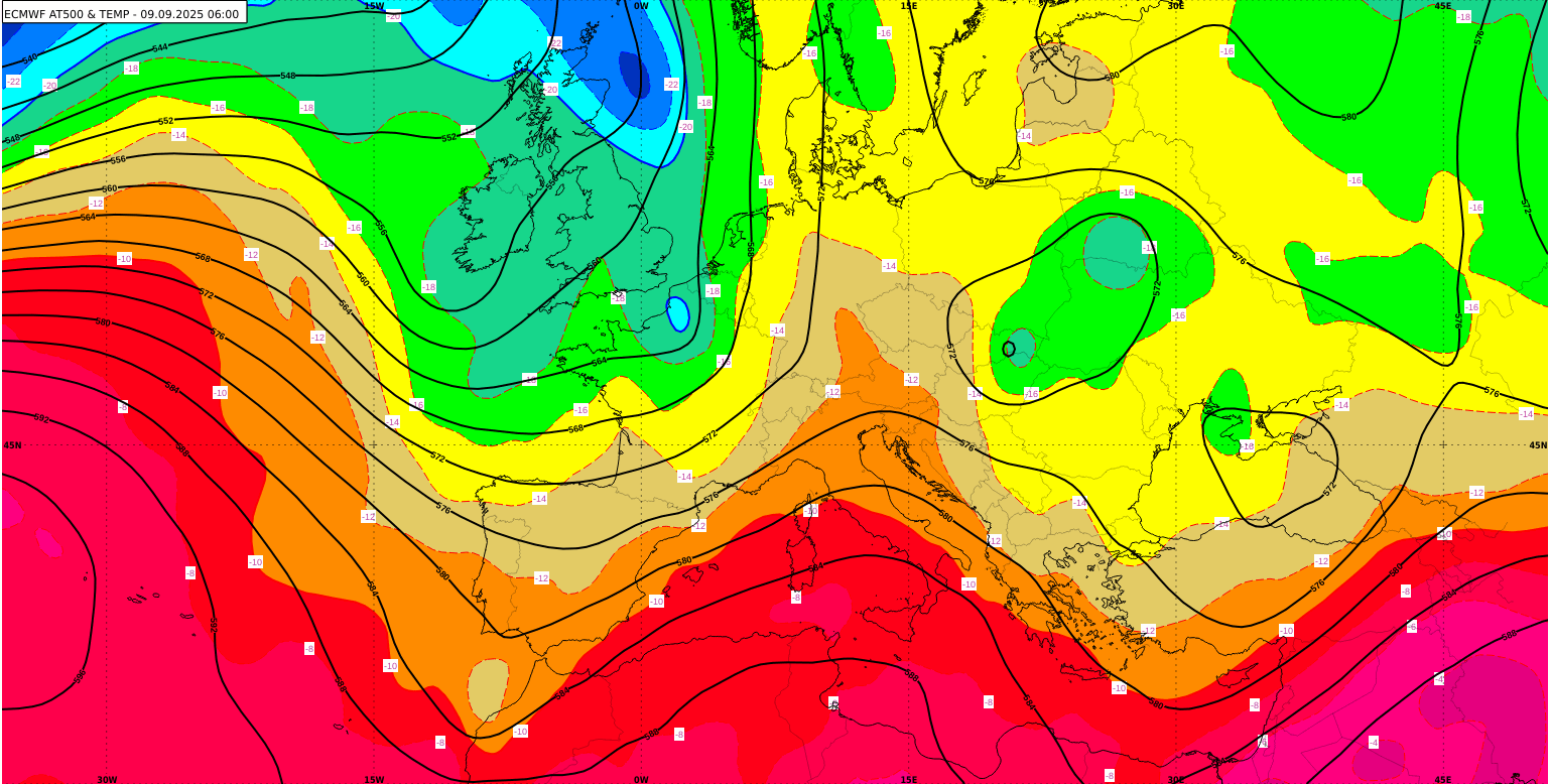 Prognoza apsolutne topografije (AT) i temperature na 500 hPa od utorka 9. rujna u 06 UTC do petka 12. rujna u 00 UTC. Izvor: ECMWF