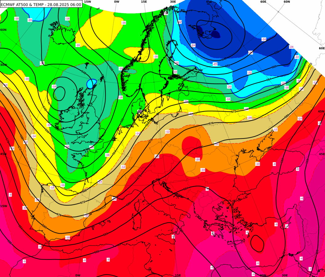 Prognoza apsolutne topografije (AT) i temperature na 500 hPa od četvrtka do nedjelje