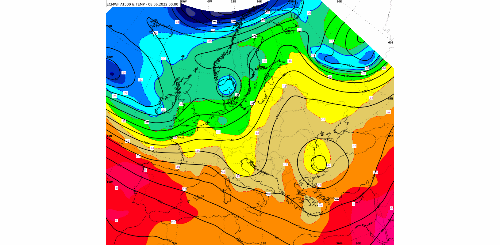 ECMWF prognoza visine geopotencijalne plohe i temperature na 500 hPa od 8. 6. 2022. u 00 UTC do 12. 6. 2022. u 00 UTC