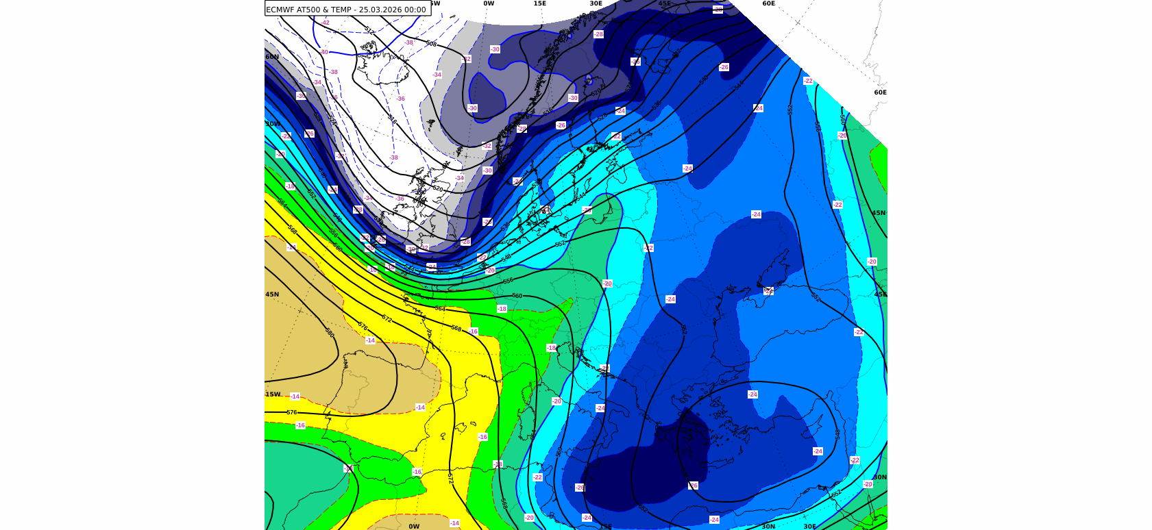 Prognoza apsolutne topografije (AT) i temperature na 500 Pa (~ 5 km) od srijede do subote