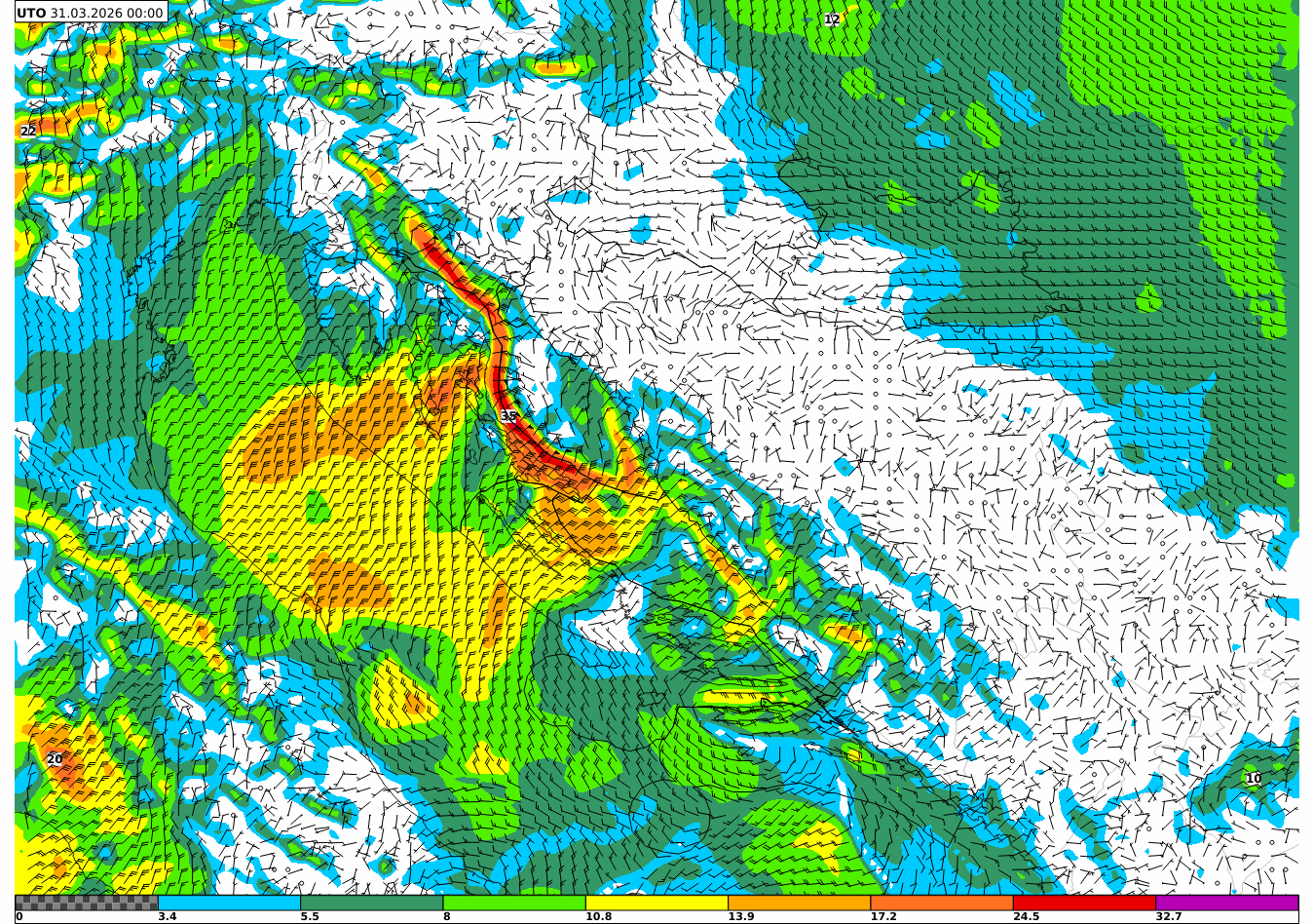 Prognoza udara vjetra (m/s) od utorka 31. ožujka u 2 sata po lokalnom vremenu do četvrtka 2. travnja u 8 sati po lokalnom vremenu.