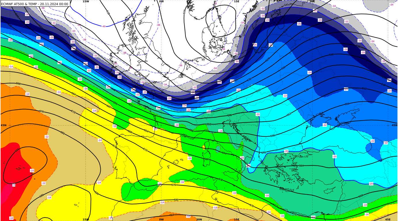 psolutna topografija (AT) i temperatura na 500 hPa od srijede, 20. studenog 2024. do subote, 23. studenog 2024.