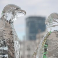 Skulpture pingvina od leda postavljene ispred NSK u sklopu kampanje za zaštitu oceana