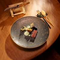 Plating Roe Deer Saddle, Koji-cured, Ragout, Anchovy, Douglas Fir, Leek Heart