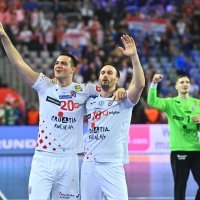Slavlje hrvatskih rukometaša nakon pobjede protiv Islanda, 24.2.205. Hrvatska - Island