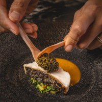 Corsican Meagre, Bell Peppers, Roasted Bok Choy, “Osciètre” Caviar (1)