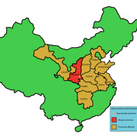 Crvena boja prikazuje pokrajinu Shaanxi, dok su smeđom bojom prikazane susjedne pokrajine koje je također pogodio potres