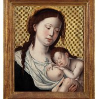 Prema: Jan Gossart, Maubeuge, 1478. – Middelburg, 1532., Bogorodica s usnulim djetetom, 1. pol. XVI. st., ulje i pozlata na dasci, 40,4 x 33,1 cm, Strossmayerova galerija starih majstora HAZU