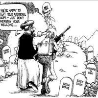 Karikatura u kojoj Afganistanac govori američkom vojniku da pripazi da se ne zadrži predugo u toj zemlji, navodeći kako je to groblje imperija