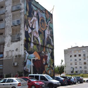 Mural Picassove slike 'Silovanje Sabinjanki' na Verudi