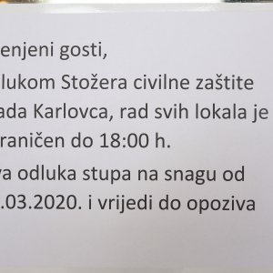 Zbog epidemije koronavirusa na području Karlovačke županije ugostiteljski objekti rade do 18h