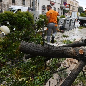 Šibenik: Olujno jugo srušilo stablo na betonski stup rasvjete koji se u potpunosti raspao