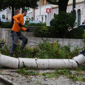 Šibenik: Olujno jugo srušilo stablo na betonski stup rasvjete koji se u potpunosti raspao