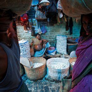 Prodavač se pokušava rashladiti na tržnici u Kalkuti
