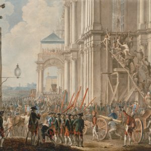 Nepoznati umjetnik, Katarina II. okružena dvorjanima na balkonu Zimskoga dvorca, pozdravljaju je garda i narod na dan prevrata 28. lipnja 1762., kraj 18. st.