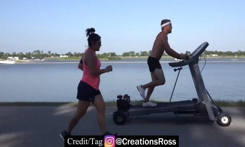 Domišljati komičar vježba na traci za trčanje – na kotačima!