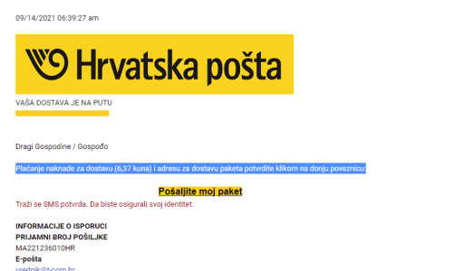 Važno upozorenje Hrvatske pošte: Ne otvarajte linkove u ovom mailu, radi se o pokušaju prevare!