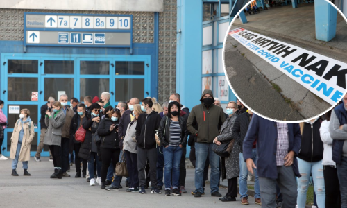 Na velesajmu gužva za cijepljenje, stigli i prosvjednici te razvukli transparent o mrtvima nakon cijepljenja